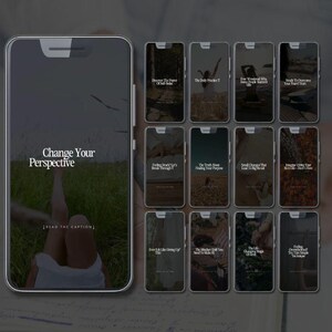 May include: A smartphone screen shows the text "Change Your Perspective" and a person's legs in a field. Other screens display text such as "Discover The Power Of Self-Belief" and "The Daily Practice Of".