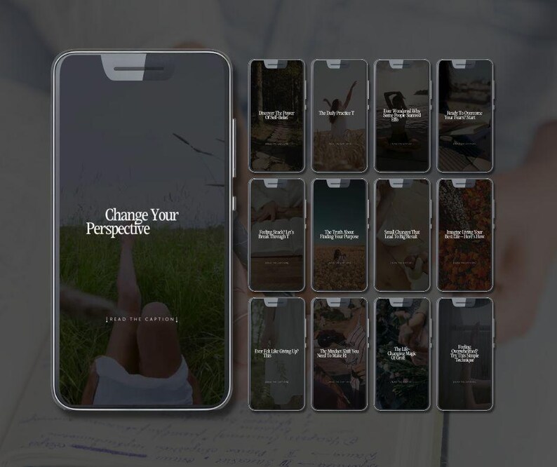May include: A smartphone screen shows the text "Change Your Perspective" and a person's legs in a field. Other screens display text such as "Discover The Power Of Self-Belief" and "The Daily Practice Of".