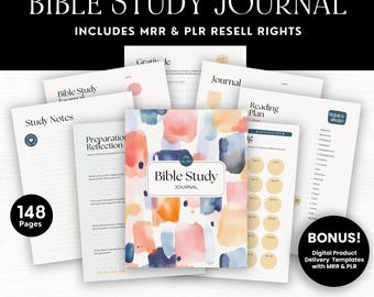 May include: A Bible Study Journal with a watercolor cover in shades of pink, blue, and orange. The journal includes 148 pages and comes with digital product delivery templates. Text on the image includes "Bible Study Journal" and "Canva Editable".
