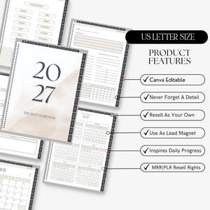 May include: A 2027 digital planner template in US Letter size featuring a neutral watercolor cover with the text THE BEST YEAR EVER. The set includes internal pages for monthly calendars, weekly schedules, and task lists, with Canva editable features.