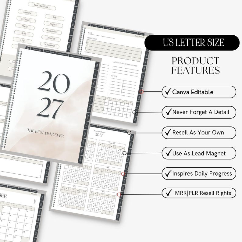 May include: A 2027 digital planner template in US Letter size featuring a neutral watercolor cover with the text THE BEST YEAR EVER. The set includes internal pages for monthly calendars, weekly schedules, and task lists, with Canva editable features.