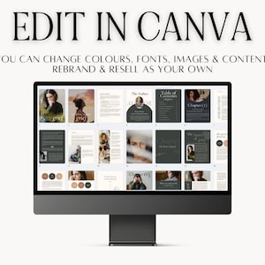 May include: A computer screen displaying a digital ebook template with a black and white color scheme. The ebook template is titled "Choose Grief" and includes text about the author, table of contents, and chapters. The text "Edit in Canva" is displayed above the computer screen.