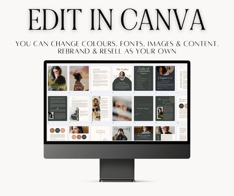May include: A computer screen displaying a digital ebook template with a black and white color scheme. The ebook template is titled "Choose Grief" and includes text about the author, table of contents, and chapters. The text "Edit in Canva" is displayed above the computer screen.