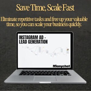 May include: A laptop computer displaying a mind map titled "Instagram Ad - Lead Generation" on the screen. The mind map is created using the Manychat platform. The laptop is on a dark gray surface. The text "Save Time, Scale Fast" is displayed above the laptop. The text "Eliminate repetitive tasks and free up your valuable time, so you can scale your business quickly." is displayed below the laptop.