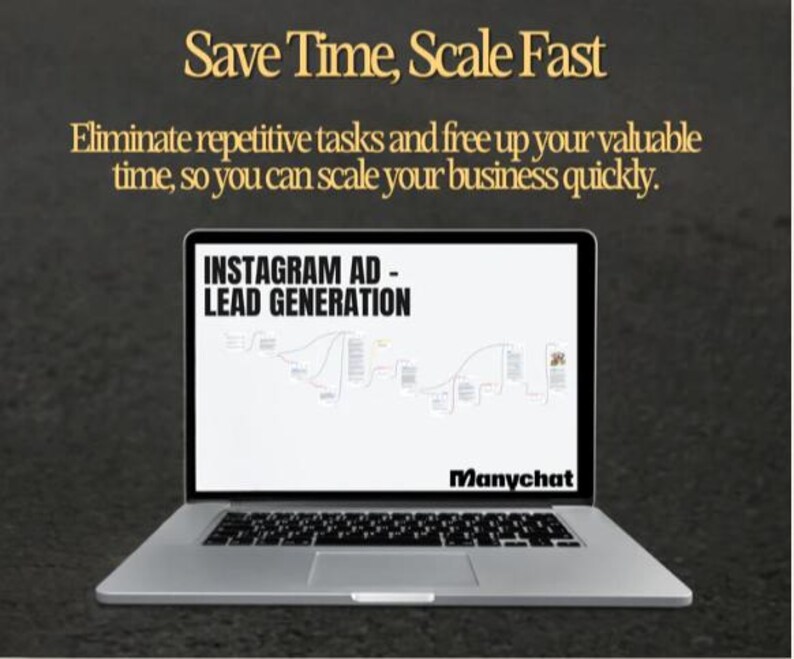 May include: A laptop computer displaying a mind map titled "Instagram Ad - Lead Generation" on the screen. The mind map is created using the Manychat platform. The laptop is on a dark gray surface. The text "Save Time, Scale Fast" is displayed above the laptop. The text "Eliminate repetitive tasks and free up your valuable time, so you can scale your business quickly." is displayed below the laptop.