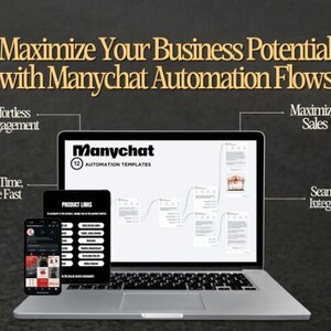 May include: A laptop computer with a website open on the screen showing a flowchart of 12 automation templates for Manychat. The website is titled "Manychat Automation Templates". The laptop is on a gray surface with a smartphone and a tablet next to it. The smartphone and tablet are also displaying the Manychat website. The image is titled "Maximize Your Business Potential with Manychat Automation Flows".