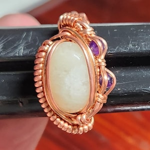 Handmade Wire Wrapped Ring! Milky Quartz Cab With 2xs Amethyst Cabs in Copper. Size 10