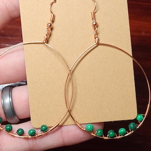 Handmade Wire Wrapped Hoop Earrings! Synthetic Malachite Beads in Copper!