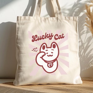 Maneki neko Japanese Lucky Cat Tote Bag, Kawaii Cat Tote, Unique Tokyo Gift, Cute Cat Cats Lover, Grocery Reusable Shopping Bag, Cotton Tote