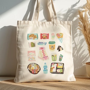 Japanese Food Tote Bag, Konbini, Conveni, Tokyo Japan Gift, Foodie Gift, Cute Kawaii Harajuku Tote, Authentic Shopper, Cotton Tote Bag