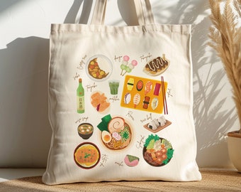Japanese Food Tote Bag, Foodie Gift, Tokyo Japan Gift, Asian Food Tote Bag, Kawaii Reusable Bag, Authentic Unique Shopper, Cute Cotton Bag