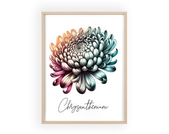 November Chrysanthemum Birth Flower Wall Art, Light Wood Frame Poster Print, Gift for Birthday, Floral Wall Art, Grandmother Garden Nursery