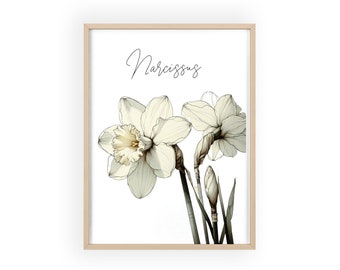 December Narcissus Birth Flower Wall Art, Light Wood Frame Poster Print, Gift for Birthday, Floral Wall Decor, Grandmother Garden Nursery