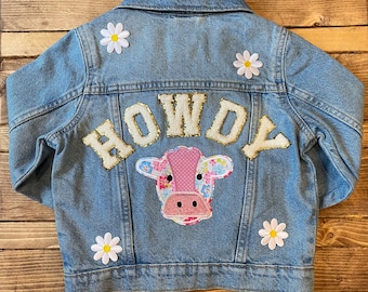 Girls&#39; Denim &quot;Howdy&quot; Jacket: Custom Chenille Patch, Floral Cowgirl Style