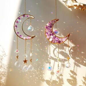 Spiritual Crystal Suncatcher Quartz Crescent Moon Sun Catcher Boho Decor For Windows Amethyst Healing Properties Energy Stained Glass