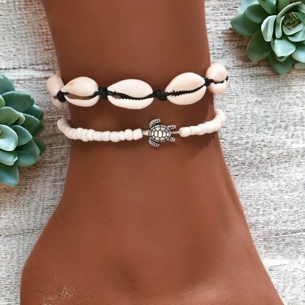 Cowrie Shell Anklet With Beaded Turtle Anklet Set Summer Jewellery for Women and Girls