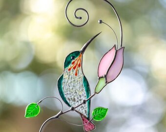 Glass Hanging Hummingbird Window Decoration, Mothers Day Gift Handmade Stained Glass Art Decor For Garden and Window