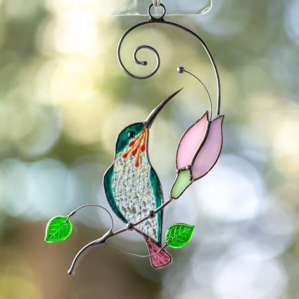 Glass Hanging Hummingbird Window Decoration, Mothers Day Gift Handmade Stained Glass Art Decor For Garden and Window