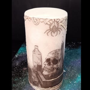 Pillar Candle Skull Design with Glow in the Dark accents - 6 in tall x 3 in Diameter  Paraffin Wax, Lead Free Wick, Home Decor, unscented