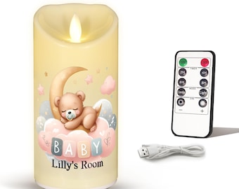 Vela LED sin llama con forma de osito de peluche personalizado para bebé, recargable, regalo para baby shower, recuerdo, luz nocturna.
