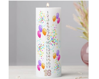 Birthday Countdown Candle - Multi Color, Blue or Pink - 1 - 18 years  9 inches tall - Pillar 3 inch diameter or 9 inch Taper Candle