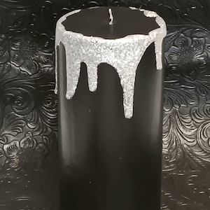 Pillar Candle Black with Dripping Silver Glitter - 6 in tall x 3 in Diameter  Paraffin Wax, Lead Free Wick, Home Decor, unscented