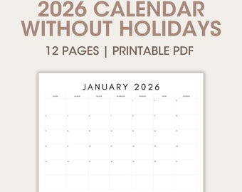 2026 Printable Calendar No Holidays, Sunday Start Monthly Calendar, Minimal 2026 Calendar PDF, US Letter Landscape, Clean Simple Planner