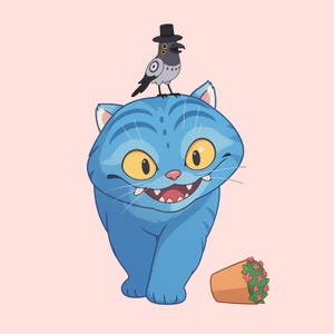 Peut inclure: Illustration de dessin animé d'un chat bleu avec des yeux jaunes et un large sourire. Un pigeon portant un petit chapeau haut de forme noir est perché sur la tête du chat. Un petit pot de fleurs renversé avec des fleurs roses est au sol.