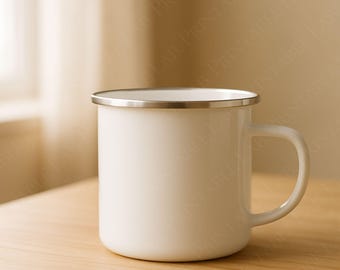 Enamel Camping Mug Mockup PNG 5000x5000 | 12oz Enamel Mug Mockup | Silver Rim Camp Mug | Minimal Lifestyle Mug Mockup | Digital Download