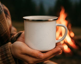Enamel Camping Mug Mockup PNG 5000x5000 | 12oz Enamel Mug Mockup | Silver Rim Camp Mug | Minimal Lifestyle Mug Mockup | Digital Download