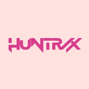 May include: A pink logo featuring the word "HUNTRIX" in a modern, geometric font, set against a pale peach background. The letters have a blocky design, giving a contemporary feel. The overall aesthetic is clean and striking.