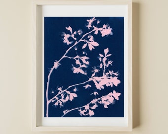 Cherry Blossom botanical Wall Art, Blue Floral Printable, INSTANT DOWNLOAD, Cyanotype Art, Botanical Art Prints, Indigo Pattern Plant Prints