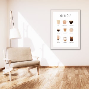 May include: A white framed print with the text "Bi' Kahve?" and illustrations of different types of coffee drinks, including latte, cappuccino, americano, espresso, cortado, mocha, iced coffee, and more.