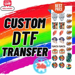 May include: Custom DTF transfer designs with a 24-hour turnaround time.  Designs include a bike, a motorcycle, a surfer, a lightning bolt, lips, a mama, a lion, a snake, and a sunset.  The text "A bike is worth the ride" and "Surf California" are included in the designs.