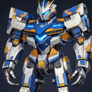 May include: A detailed image of a futuristic robot with a blue, silver, and gold color scheme. The robot has glowing blue eyes and chest accents. The design features intricate mechanical details, suggesting a high-tech or science fiction theme.