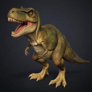May include: A detailed, three-dimensional rendering of a Tyrannosaurus Rex dinosaur. The model features a green and brown color scheme, with a detailed texture and open mouth revealing sharp teeth. The dinosaur is posed on a dark background.