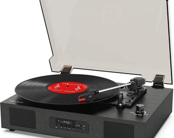 Black Record Player w Stereo Speakers, 3-Speed Vintage Belt-Driven Turntable