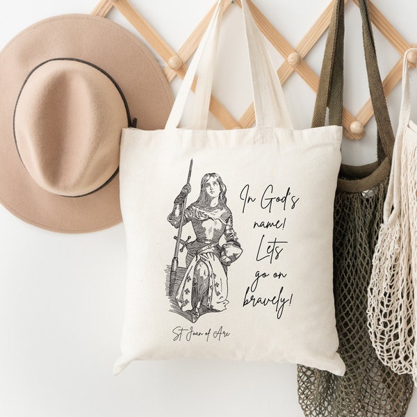 Saint Joan of Arc Cotton Canvas Tote Bag, Catholic Bags, Catholic Women's Gift, Catholic Girl Gift, Catholic School Bag, Catholic Book Bag