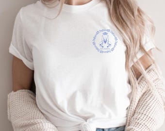 Auspice Maria Catholic T-Shirt, Ave Maria Blue Floral Pocket Shirt, Catholic Women's Apparel