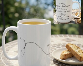 Hail Mary Prayer Catholic Mug, Dainty Rosary Beads Coffee Cup
