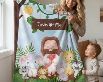 Jesus Loves Me - Jungle Animals Minky Blanket, Christian Soft Lightweight Blanket, Catholic Kid's Gift