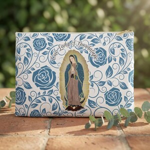 Our Lady of Guadalupe Accessory Pouch, Virgin Mary Rosary Pouch, Mother Mary Veil Bag, Mother of God Gift for Women, Blue Roses Chapel Bag image 1