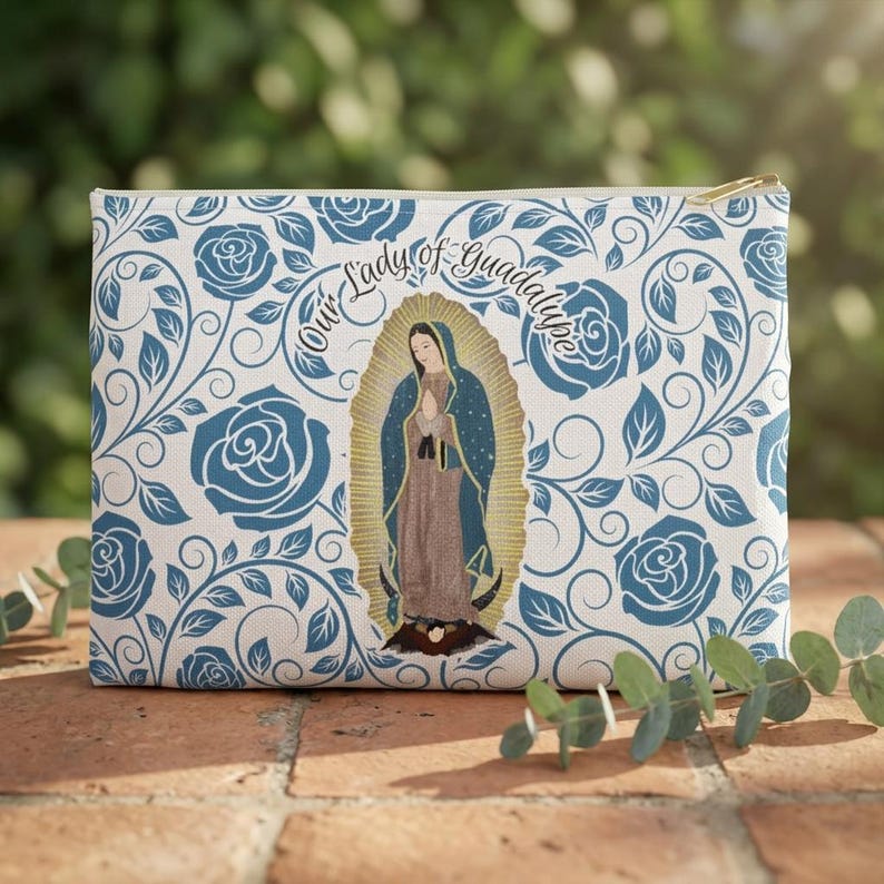 Our Lady of Guadalupe Accessory Pouch, Virgin Mary Rosary Pouch, Mother Mary Veil Bag, Mother of God Gift for Women, Blue Roses Chapel Bag image 1