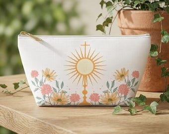 Floral Blessed Sacrament Monstrance Rosary Pouch with T-bottom, Canvas Catholic Veil Bag