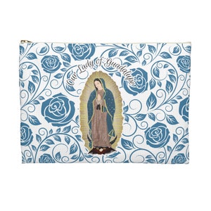 Our Lady of Guadalupe Accessory Pouch, Virgin Mary Rosary Pouch, Mother Mary Veil Bag, Mother of God Gift for Women, Blue Roses Chapel Bag image 3