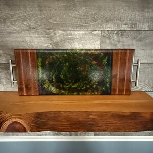Tye-Dyed Epoxy Serving Board/ Walnut and Mahogany, Anniversary gift, Charcuterie Board, Housewarming Gift, Gift for Newlyweds-silver handles