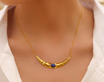 Boho Necklace - 304 Stainless Steel & Stone Cable Link Chain, Ecological 18K Gold Plating, Oval Half Moon, 41cm