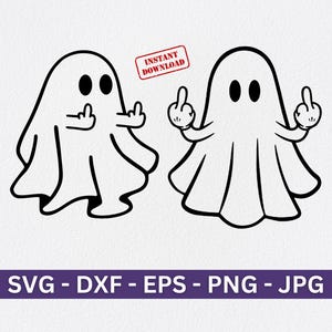 May include: Two black and white cartoon ghosts with their middle fingers raised. The ghosts are outlined in black and have two black dots for eyes.