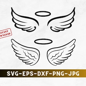 May include: A black and white illustration of two sets of angel wings with halos above them. The wings are detailed with feathers and are symmetrical.