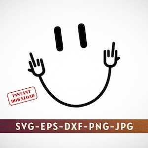 May include: Black and white line art illustration of a smiley face with two raised hands making the 'rock on' hand gesture.